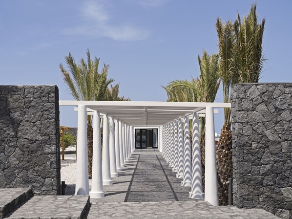 Un camino con columnas blancas que lleva a la entrada de un edificio, bordeado por muros de piedra y palmeras.