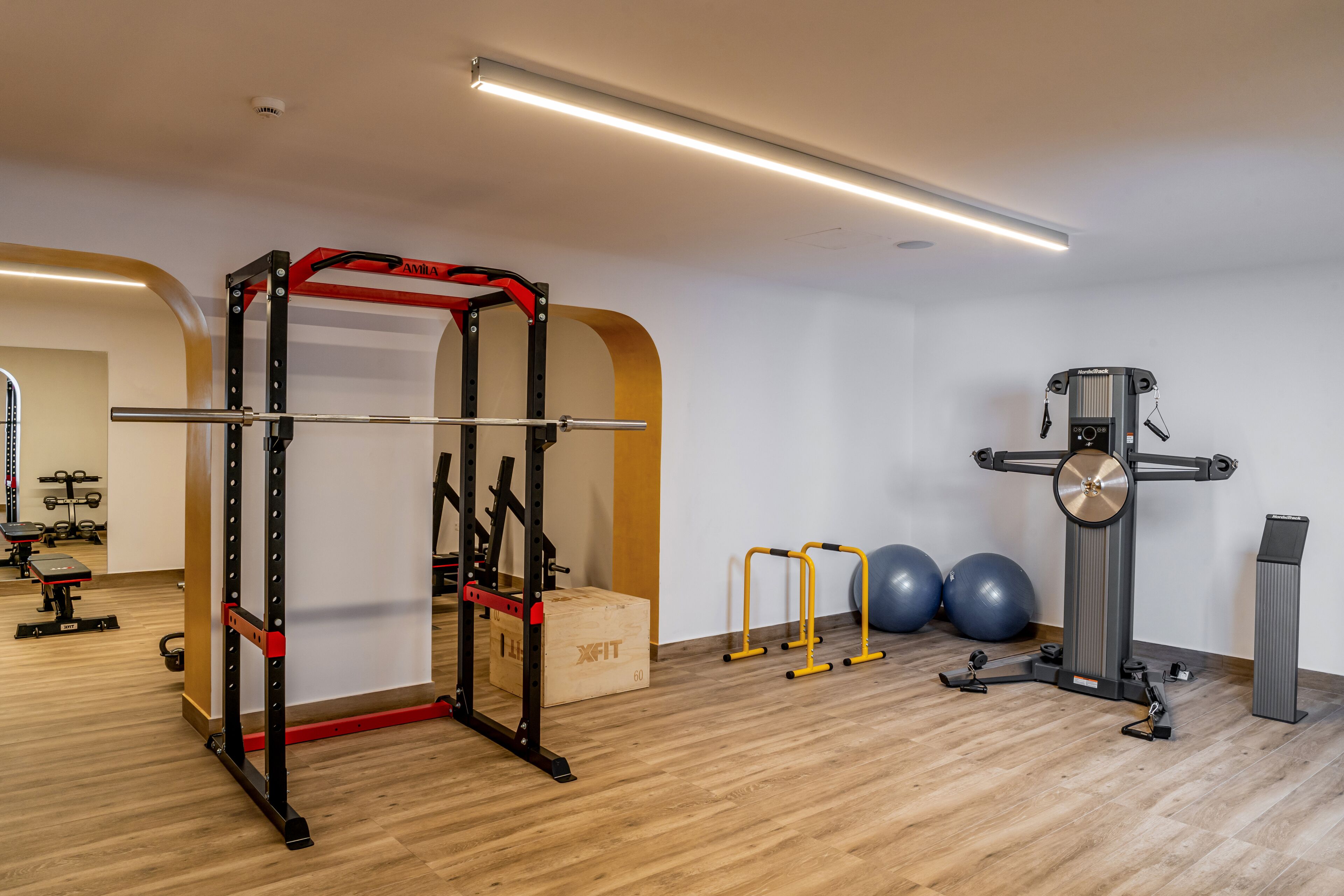 A gym with a squat rack, exercise balls, and a stationary bike.