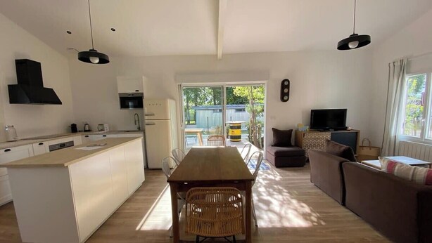 A modern kitchen with a central island, a dining area with a wooden table and wicker chairs, and a living area with a sofa and TV.
