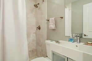 Shower, hair dryer, shampoo