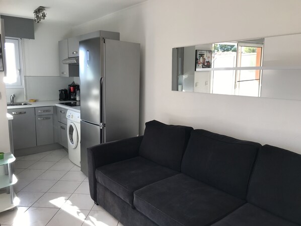A compact living space with a kitchenette, a washing machine, a large refrigerator, and a dark-colored sofa.
