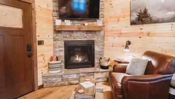 Smart TV, fireplace, books