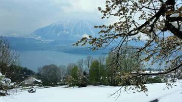 Une vue hivernale sur un paysage enneigé, avec un lac et une montagne en arrière-plan.