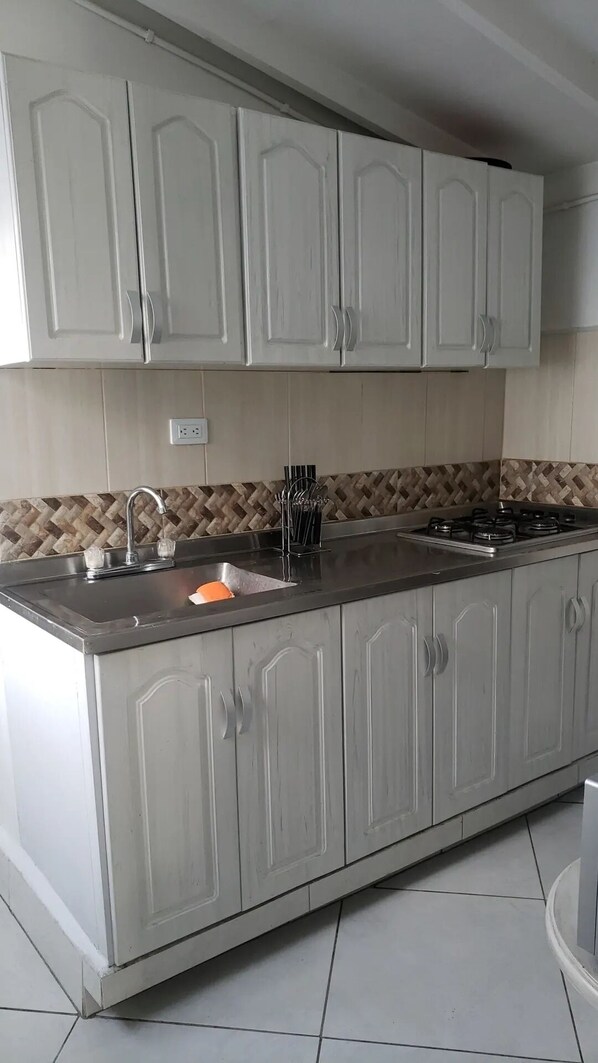Fridge, microwave, stovetop, blender