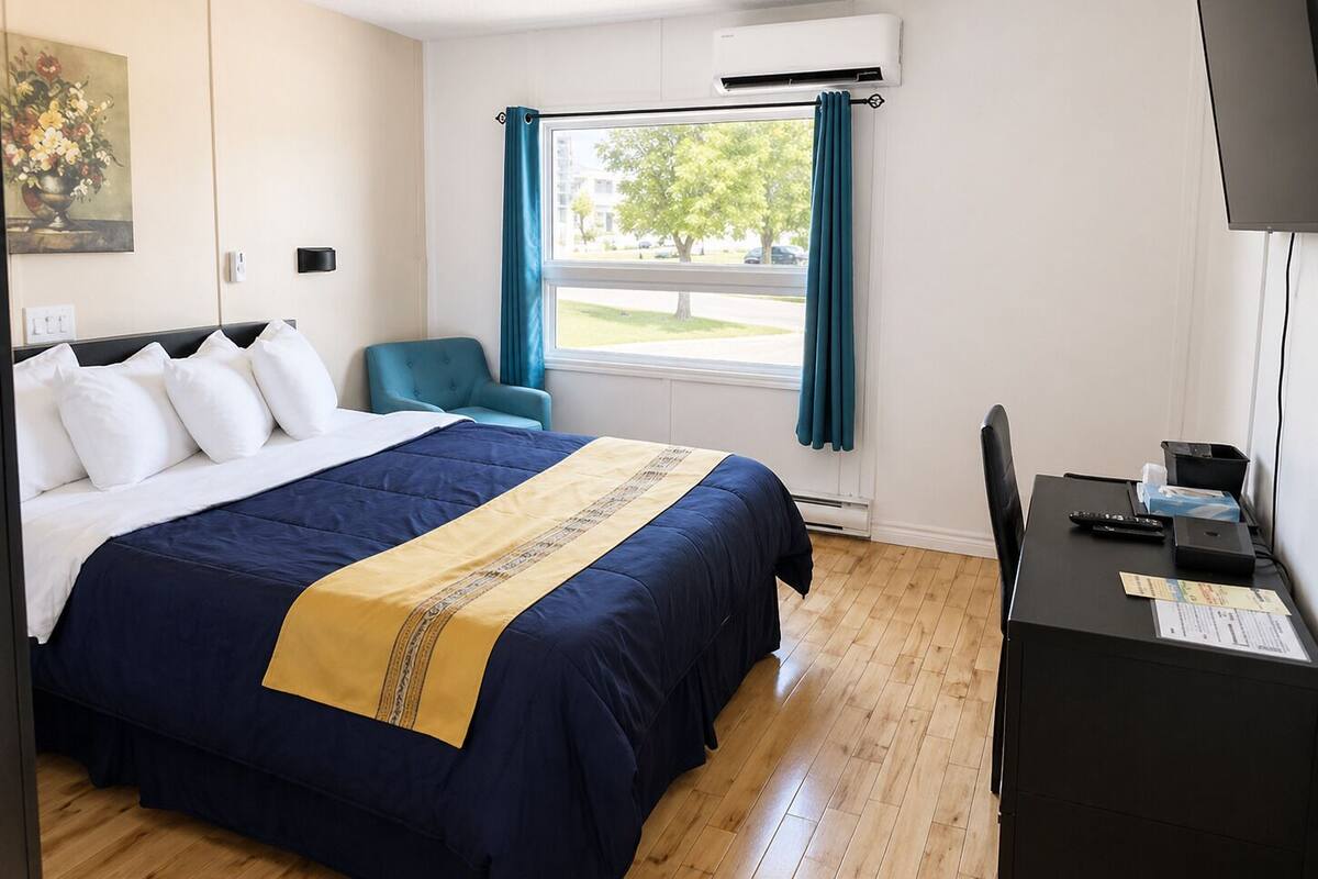 Habitación de hotel con cama, escritorio, silla, ventana con cortinas, equipo de aire acondicionado y un cuadro en la pared.