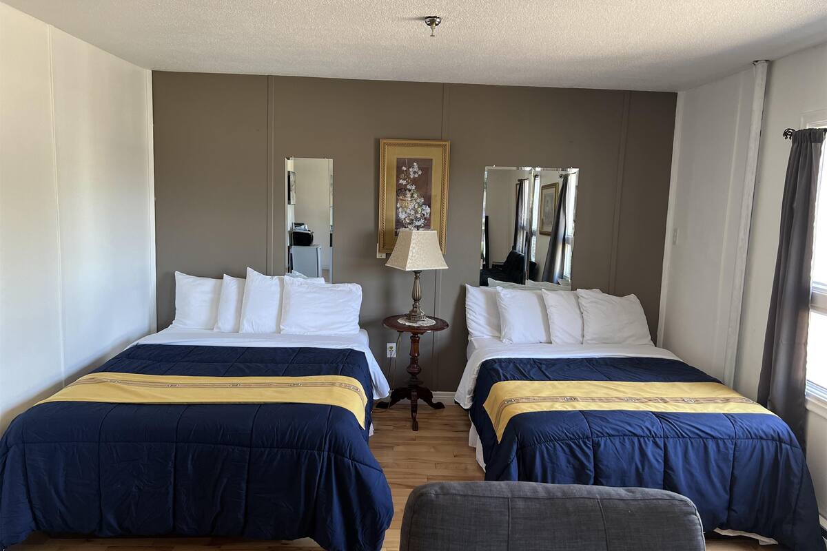 Una habitación de hotel con dos camas, un espejo, una lámpara y una silla.
