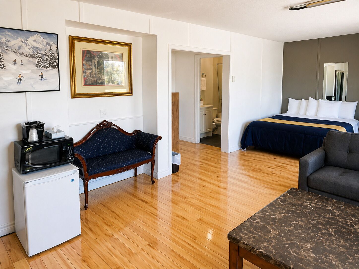 A room with a bed, a sofa, a small refrigerator, a microwave, and a painting on the wall.