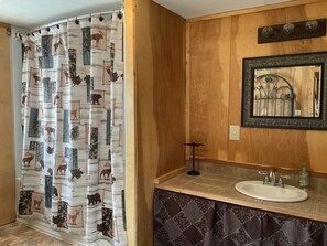 Combined shower/bathtub, towels, soap, toilet paper - Cozy House  in the Appalachian Mountains Near Little River Canyon  (Fort Payne)