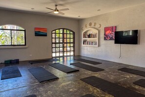 A yoga studio with mats, a ceiling fan, a bookshelf, and a TV.