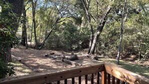 A wooden deck overlooking a forested area with a dirt path and scattered logs.