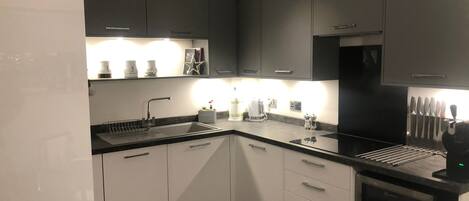 Frigorífico, microondas, horno y placa de cocina