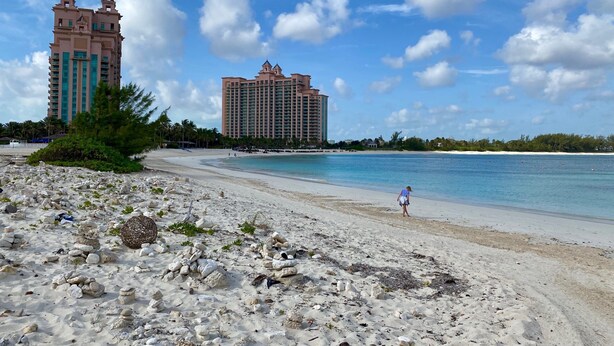 A beach with a large resort building in the background. - Spend your holiday in Paradise (Paradise Island)