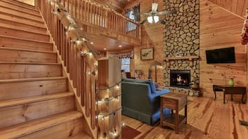 Smart TV, fireplace, books