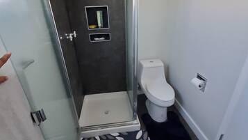 Ein Badezimmer mit einer gläsernen Duschkabine, einer Toilette und einer kleinen Ablage mit Pflegeprodukten.