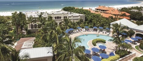 A heated pool, pool umbrellas