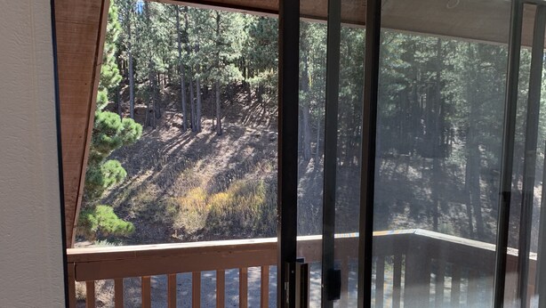 A room with a sliding glass door leading to a balcony with a wooden railing and a view of a forested area.