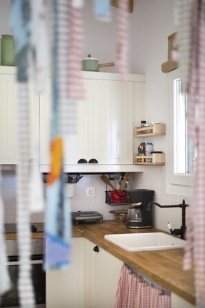 Fridge, oven, electric kettle, toaster