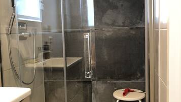 Chuveiro, secador de cabelo, sabonete, papel higiênico