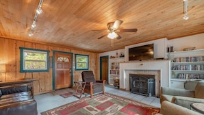 A cozy living room with wooden walls, a fireplace, a television, and a bookshelf.