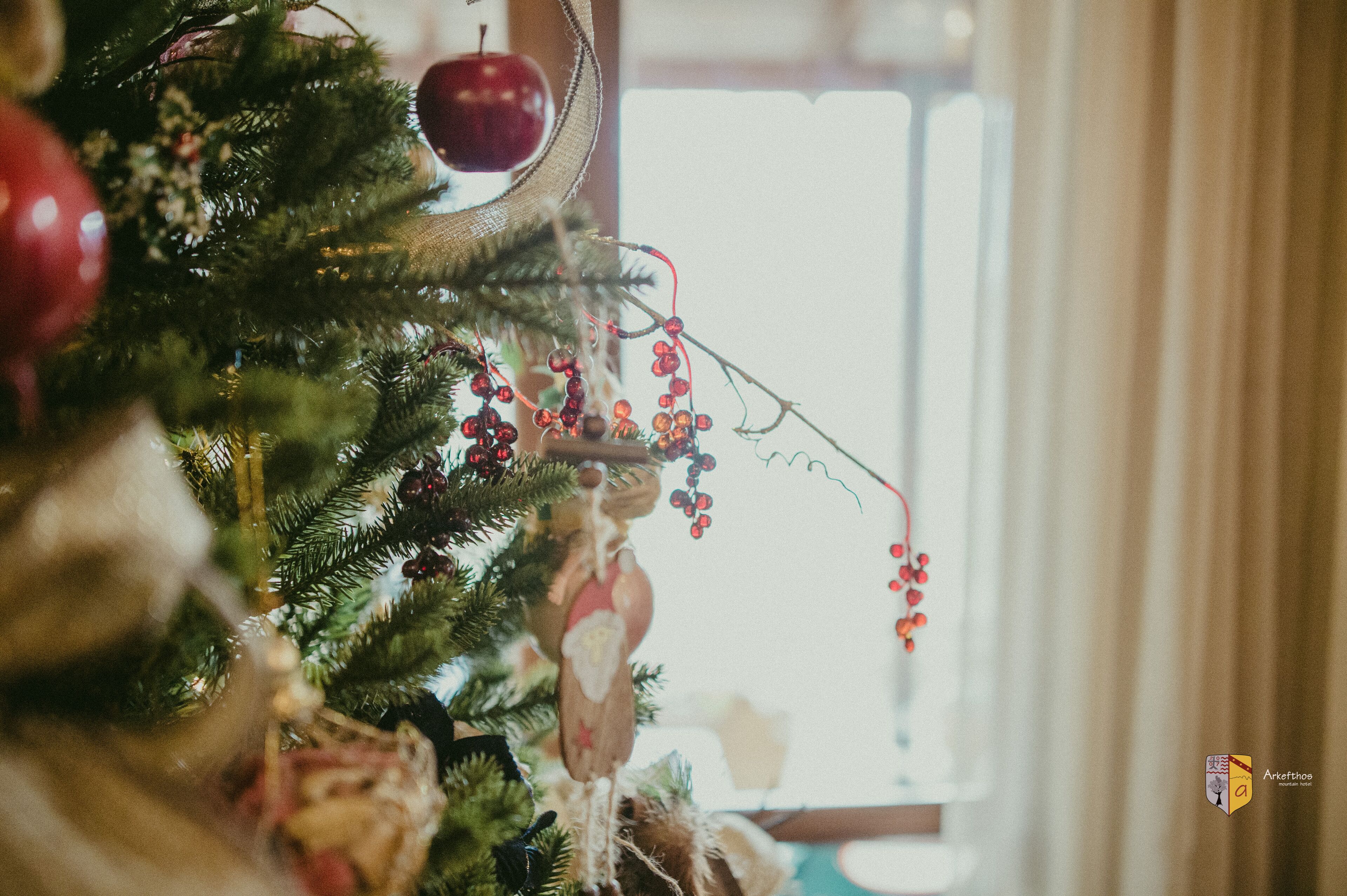 A Christmas tree with ornaments and a hanging decoration.