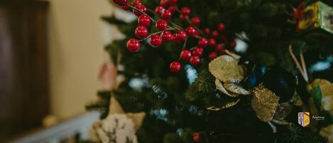 A Christmas tree with red berries and ornaments.
