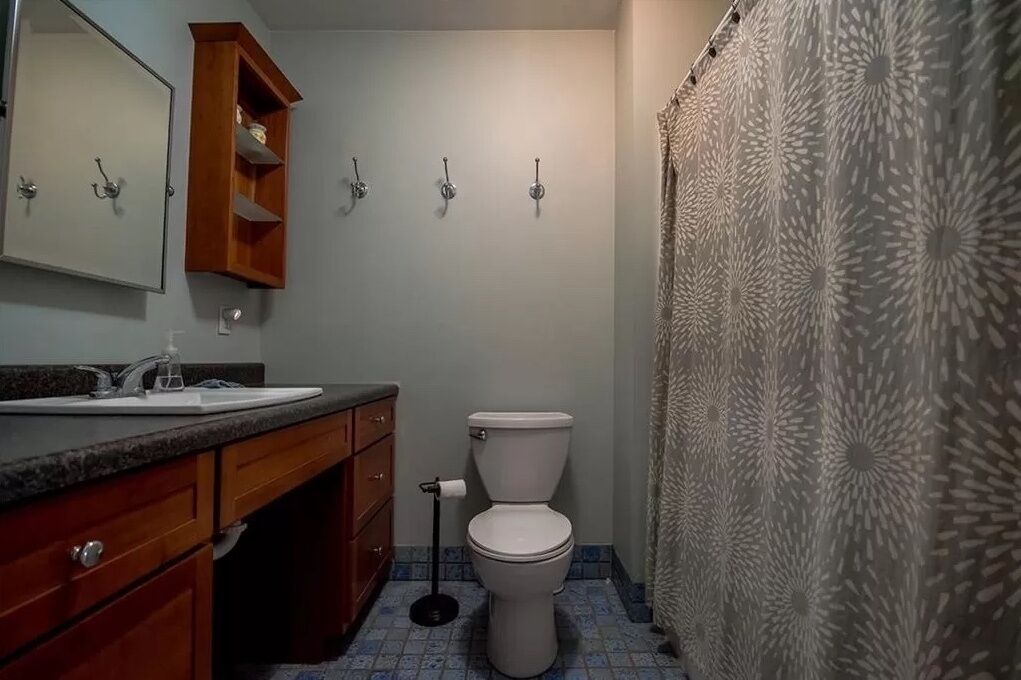 Un baño con inodoro, lavamanos y armario.