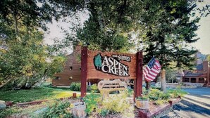 Uma placa de madeira com os dizeres 'Aspen Creek' e 'The Sierra's', rodeada por vegetação e uma bandeira americana.
