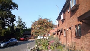 Eine Wohnstraße mit Backsteinhausern, parkenden Autos und einem Garten mit Kübelpflanzen.