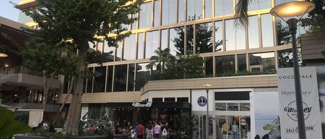 Un edificio moderno con amplios ventanales y un café llamado 'Mister O' en la planta baja.