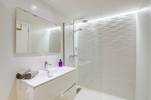 Shower, hair dryer, towels, toilet paper