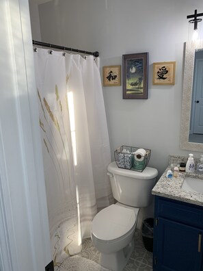 Un bagno con il water, un lavandino, una tenda della doccia e un quadro appeso al muro.