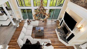 Smart TV, chimenea, videojuegos, libros