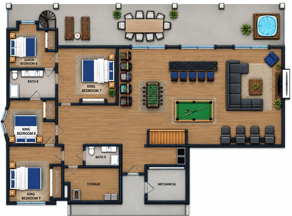 Plano de planta de un hotel que muestra varias habitaciones, una piscina, mesa de billar y cuarto de máquinas.