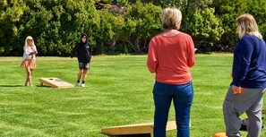 Un grupo de personas jugando a un juego en un campo cubierto de hierba, con árboles al fondo.