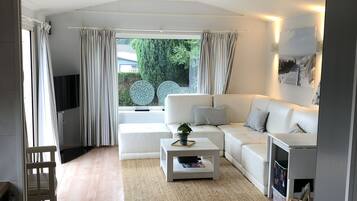 Smart TV, fireplace, books