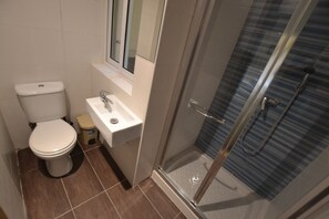 A bathroom with a toilet, sink, and glass shower enclosure.