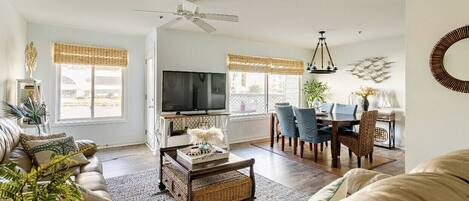 Smart TV, fireplace, books