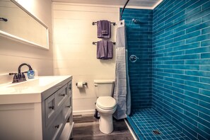 Tina con regadera, secadora de cabello, toallas, papel de baño 