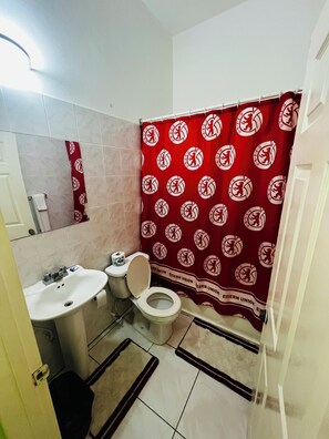 Combined shower/bathtub, eco-friendly toiletries, towels, soap