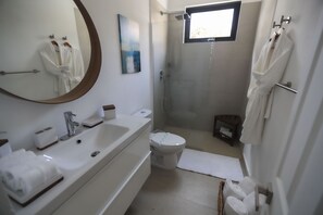 Douche, sèche-cheveux, serviettes fournies, savon