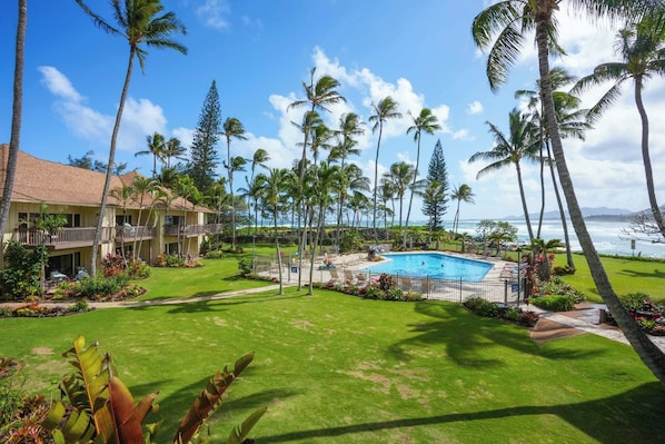 A resort with a swimming pool surrounded by palm trees and a view of the ocean.