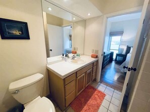 Tina con regadera, secadora de cabello, toallas 