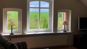 A room with a sloped ceiling, two windows with views of a green field, a radiator, a sofa, and a television. - Vacation home Anton Schmitz Anno 1895 (Tecklenburg)