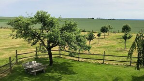 A grassy area with a wooden fence, a picnic table, and a tree. - Vacation home Anton Schmitz Anno 1895 (Tecklenburg)