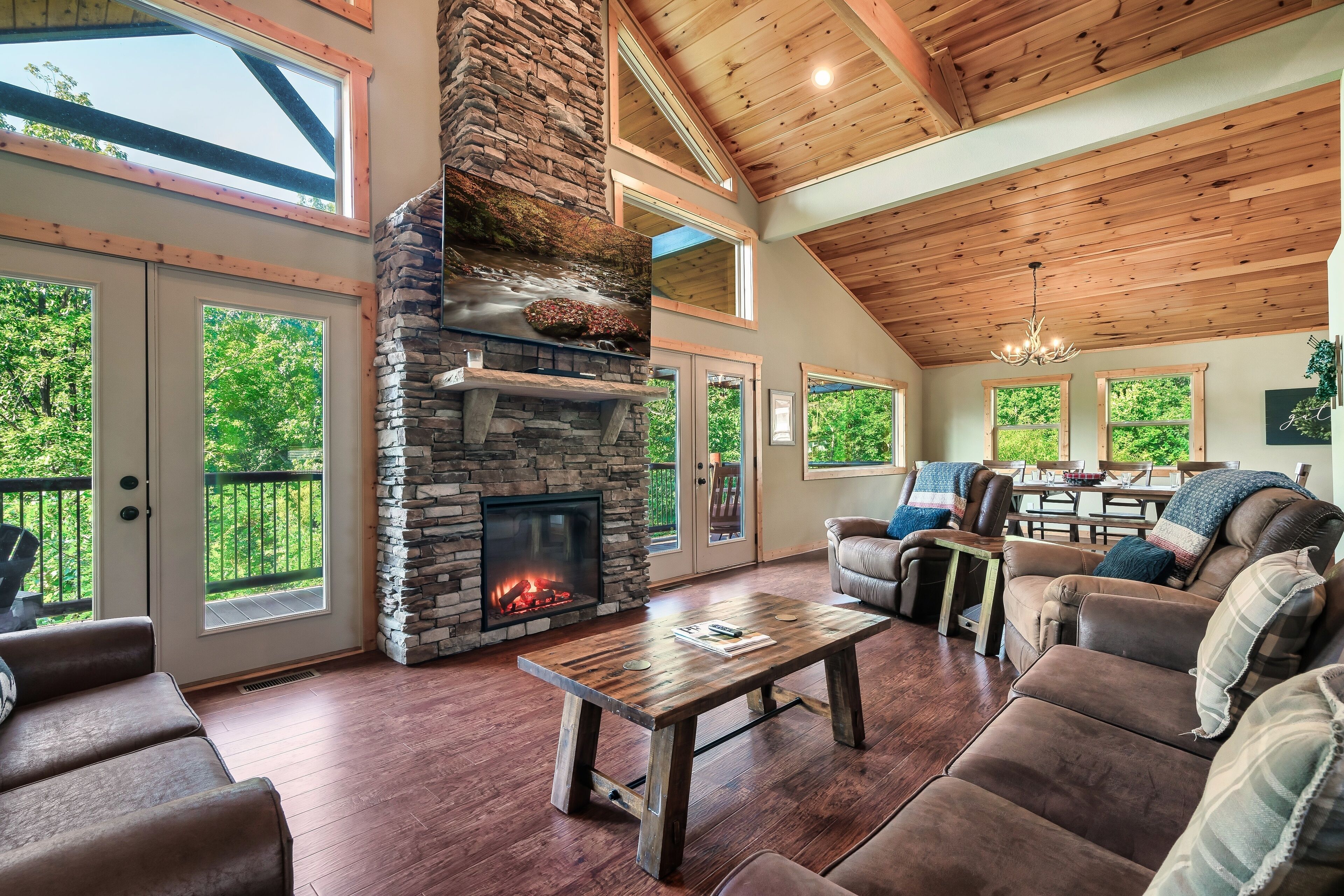 Smart TV, fireplace, video games, DVD player