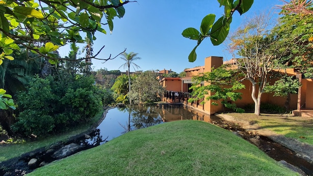 A serene garden with a pond, lush greenery, and a building with a flat roof. - San Lameer Villa Rentals 14321 (Southbroom)