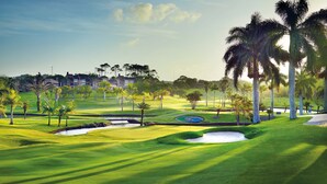 A golf course with sand bunkers, palm trees, and a water hazard. - San Lameer Villa Rentals 14321 (Southbroom)