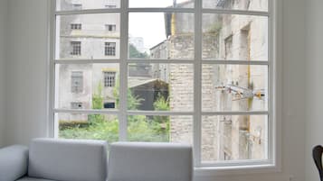 A room with a large window, a grey sofa, and a view of old buildings.