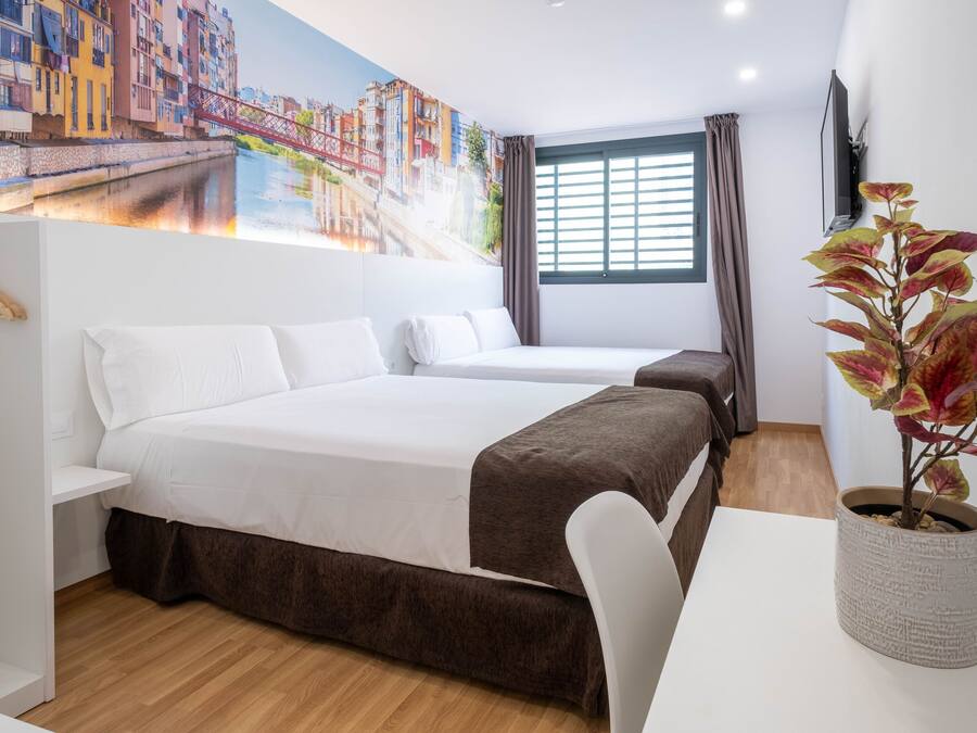 Habitación de hotel con dos camas, un escritorio, una planta en maceta, un mural y una ventana con cortinas.