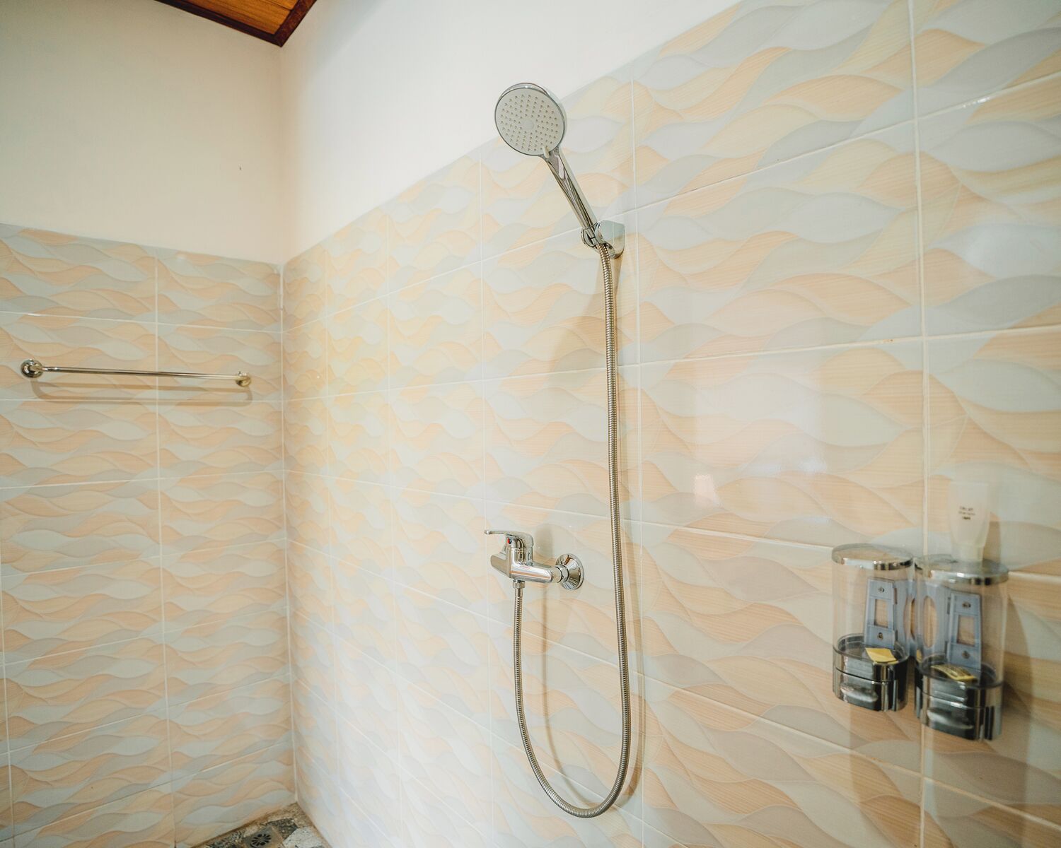 Une douche équipée d’un pommeau de douche à main, d’une barre à serviettes et d’un distributeur de savon.